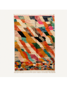 Tapis Beni Ouarain artisanal marocain en laine ivoire et écru chaud à motif géométrique abstrait multicolore