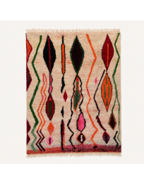 Tapis Beni Ouarain artisanal marocain en laine ivoire rosé et bordeaux à motifs géométriques abstraits
