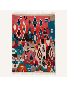 Tapis Beni Ouarain artisanal marocain en laine corail et bleu turquoise à motifs géométriques berbères