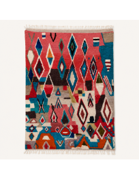 Tapis Beni Ouarain artisanal marocain en laine corail et bleu turquoise à motifs géométriques berbères