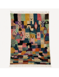 Tapis Beni Ouarain artisanal marocain en laine multicolore à motifs patchwork abstraits