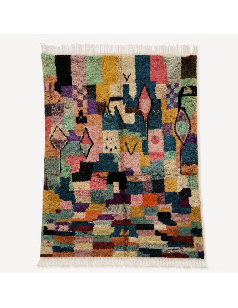 Tapis Beni Ouarain artisanal marocain en laine multicolore à motifs patchwork abstraits