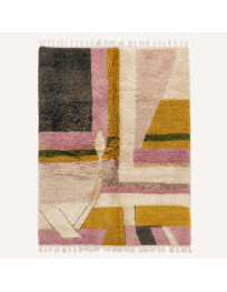 Tapis Beni Ouarain artisanal marocain en laine ivoire crème et charbon, motif géométrique abstrait