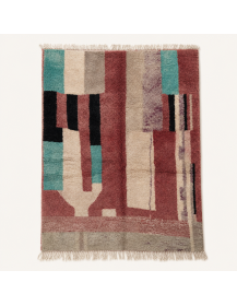 Tapis Beni Ouarain artisanal marocain en laine bordeaux et turquoise à motif géométrique abstrait
