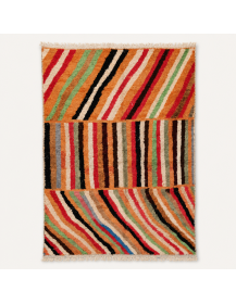 Tapis Beni Ouarain artisanal marocain en laine terracotta et noir à rayures multicolores