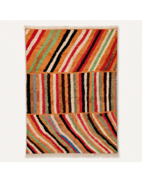 Tapis Beni Ouarain artisanal marocain en laine terracotta et noir à rayures multicolores