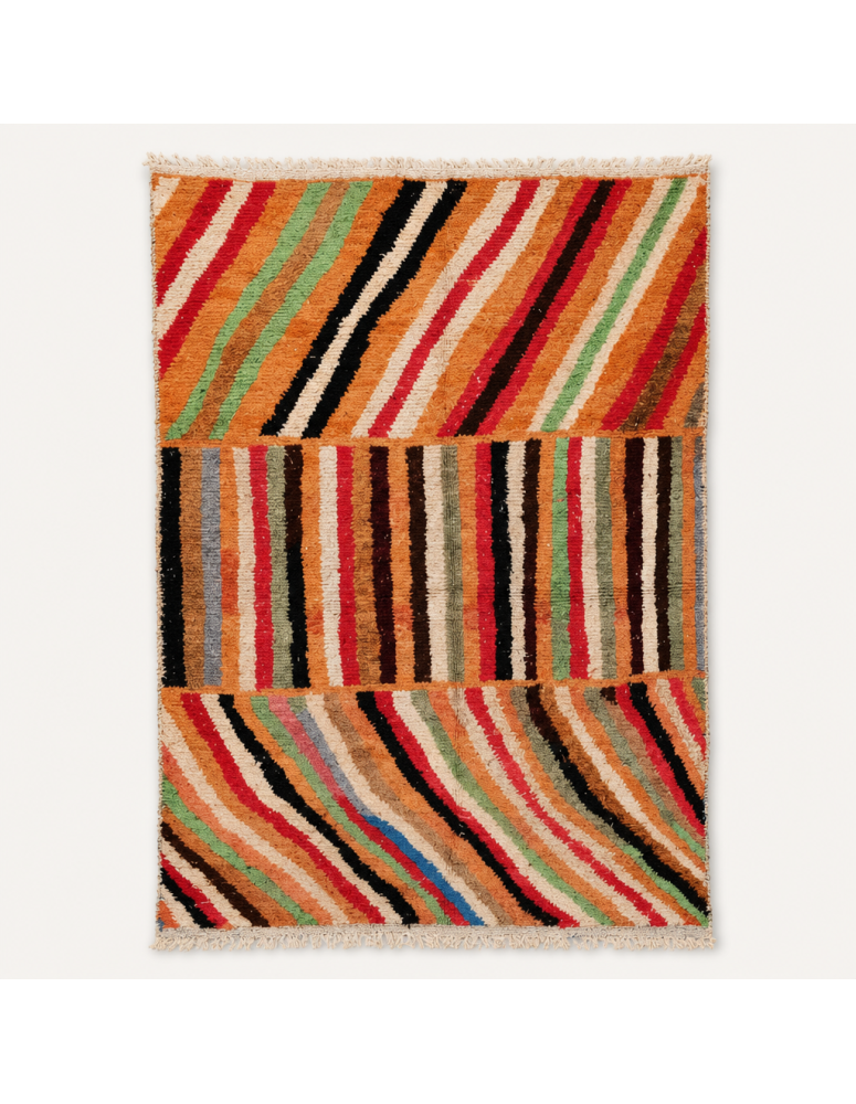Tapis Beni Ouarain artisanal marocain en laine terracotta et noir à rayures multicolores