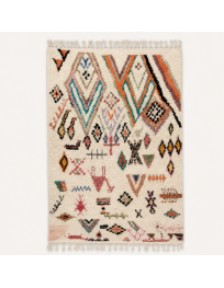 Tapis Beni Ouarain artisanal marocain en laine ivoire à motifs abstraits colorés