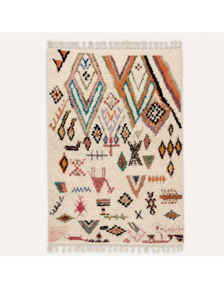Tapis Beni Ouarain artisanal marocain en laine ivoire à motifs abstraits colorés