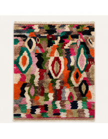 Tapis Beni Ouarain artisanal marocain en laine ivoire et multicolore à motifs abstraits