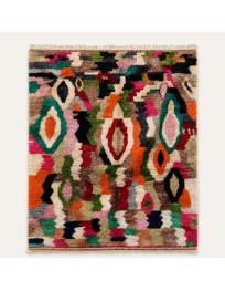 Tapis Beni Ouarain artisanal marocain en laine ivoire et multicolore à motifs abstraits