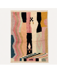 Tapis Beni Ouarain artisanal marocain en laine ivoire et noir à motif abstrait