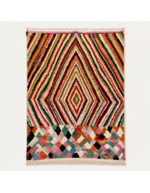 Tapis Beni Ouarain artisanal marocain en laine écrue et multicolore à motifs géométriques