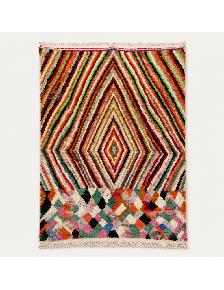 Tapis Beni Ouarain artisanal marocain en laine écrue et multicolore à motifs géométriques