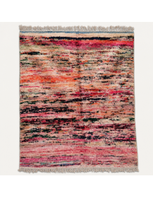 Tapis Beni Ouarain artisanal marocain en laine rose poudré et beige écru à bandes horizontales abstraites