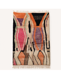 Tapis Beni Ouarain artisanal marocain en laine ivoire à motifs géométriques abstraits multicolores