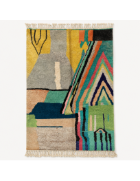 Tapis Beni Ouarain artisanal marocain en laine bleu canard, turquoise et jaune moutarde