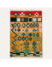 Tapis Beni Ouarain artisanal marocain en laine ocre moutarde et rouge carmin