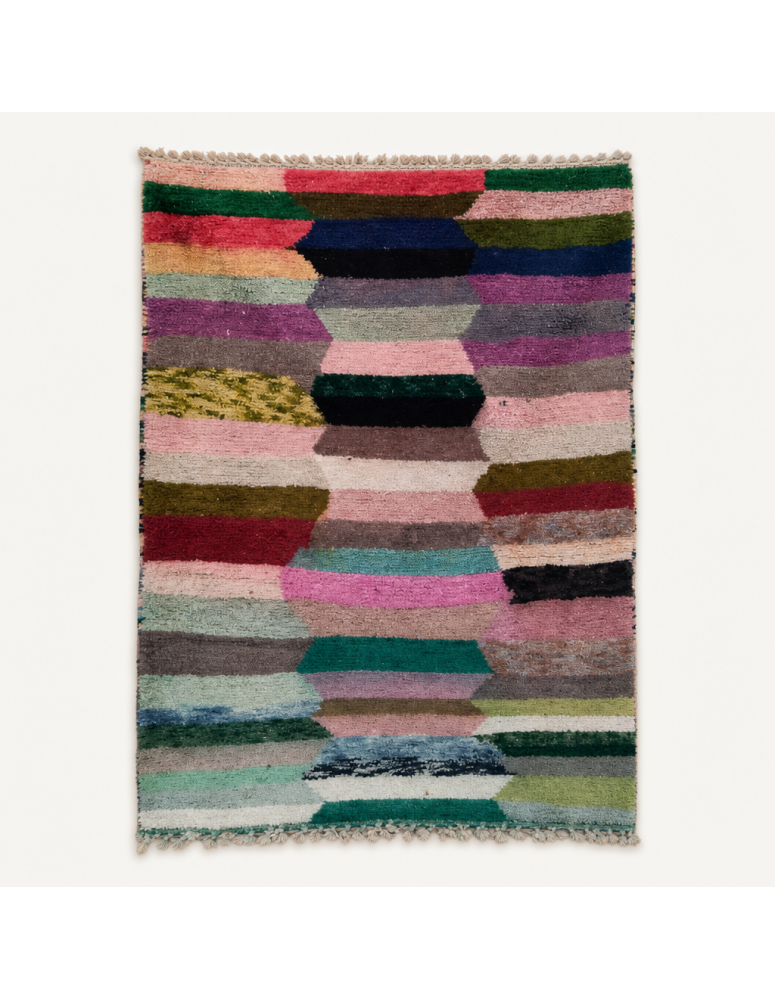 Tapis Beni Ouarain artisanal marocain en laine multicolore à bandes horizontales irrégulières