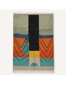 Tapis Beni Ouarain artisanal marocain en laine vert sauge grisé avec colonne noire et motif géométrique coloré