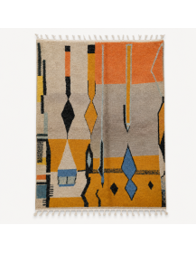 Tapis Beni Ouarain artisanal marocain en laine gris-beige chaud et terracotta à motif géométrique abstrait