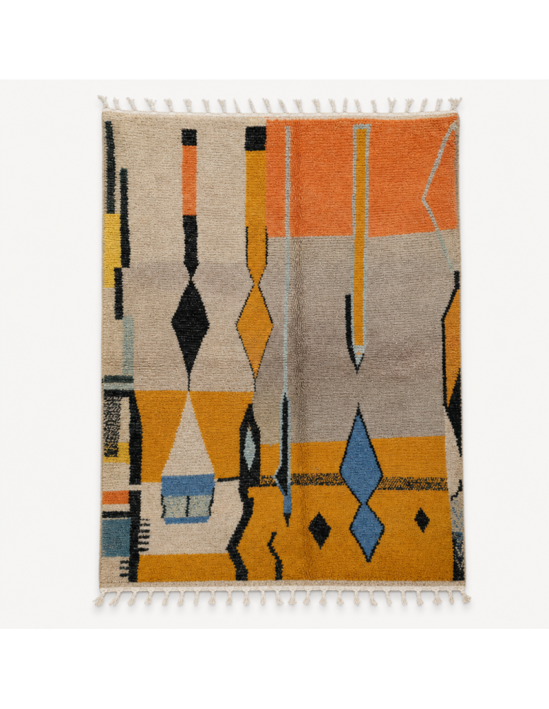 Tapis Beni Ouarain artisanal marocain en laine gris-beige chaud et terracotta à motif géométrique abstrait