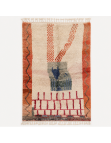 Tapis Beni Ouarain artisanal marocain en laine ivoire écru et terracotta à motif abstrait