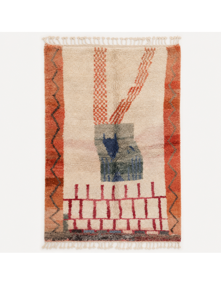 Tapis Beni Ouarain artisanal marocain en laine ivoire écru et terracotta à motif abstrait
