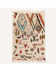 Tapis Beni Ouarain artisanal marocain en laine ivoire écru à motifs abstraits multicolores