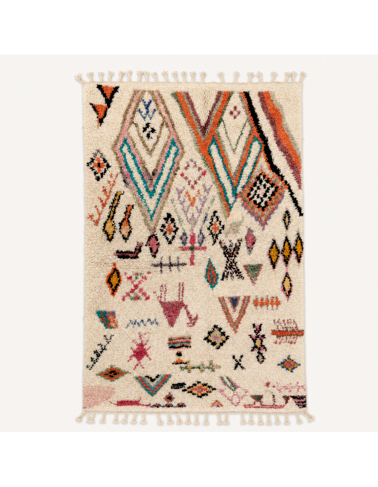 Tapis Beni Ouarain artisanal marocain en laine ivoire écru à motifs abstraits multicolores