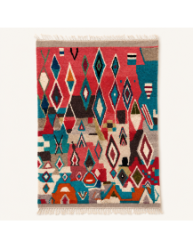 Tapis Beni Ouarain artisanal marocain en laine rouge corail framboise et bleu turquoise à motifs géométriques