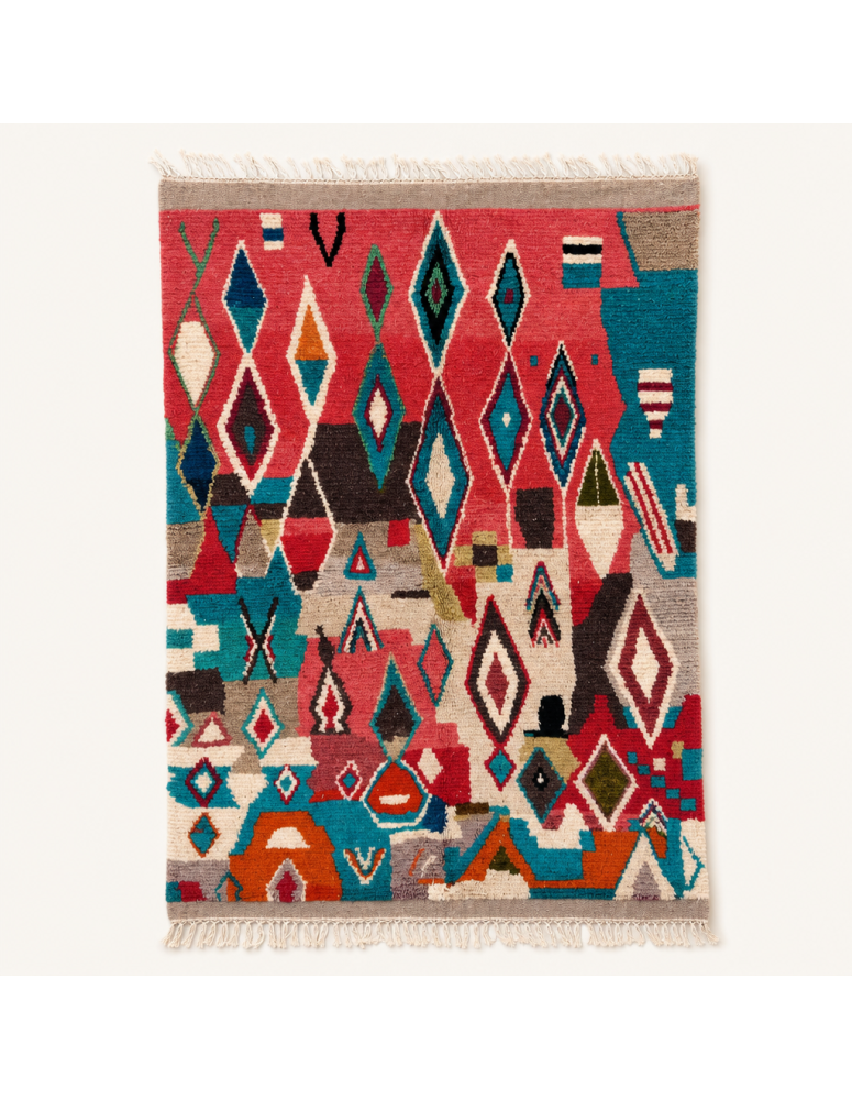 Tapis Beni Ouarain artisanal marocain en laine rouge corail framboise et bleu turquoise à motifs géométriques