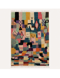 Tapis Beni Ouarain artisanal marocain en laine vert sauge et bleu pétrole à motifs patchwork abstraits