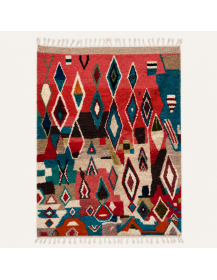 Tapis Beni Ouarain artisanal marocain en laine rouge corail et motifs géométriques multicolores