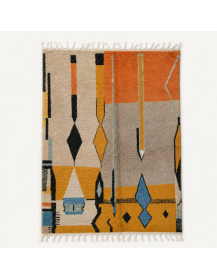 Tapis Beni Ouarain artisanal marocain en laine grège et beige à motifs géométriques abstraits