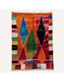 Tapis Beni Ouarain artisanal marocain en laine orange terre cuite et bleu vif à motifs géométriques abstraits