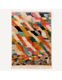 Tapis Beni Ouarain artisanal marocain en laine écrue et multicolore à motifs abstraits diagonaux
