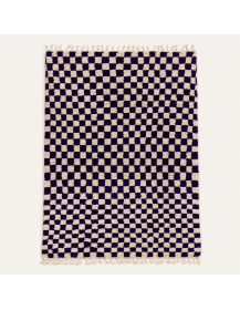 Tapis Beni Ouarain artisanal marocain en laine indigo profond, ivoire naturel et crème, motif géométrique en damier