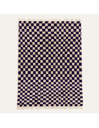 Tapis Beni Ouarain artisanal marocain en laine indigo profond, ivoire naturel et crème, motif géométrique en damier