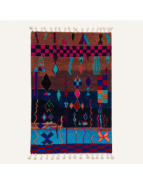 Tapis Beni Ouarain artisanal marocain en laine brun maroon et multicolore à motifs géométriques berbères