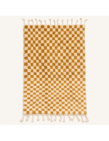 Tapis Beni Ouarain artisanal marocain en laine ivoire crème et ocre à motif damier géométrique