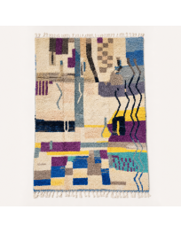 Tapis Beni Ouarain artisanal marocain en laine ivoire crème à motif abstrait multicolore