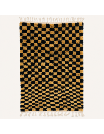 Tapis Beni Ouarain artisanal marocain en laine noire avec motif géométrique irrégulier ocre et jaune moutarde