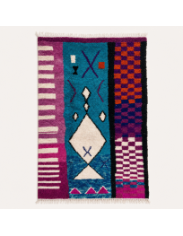 Tapis Beni Ouarain artisanal marocain en laine turquoise et prune à composition géométrique