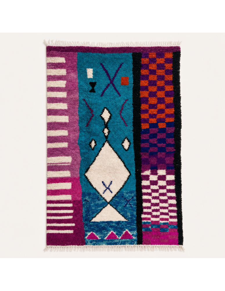 Tapis Beni Ouarain artisanal marocain en laine turquoise et prune à composition géométrique