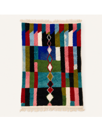 Tapis Beni Ouarain artisanal marocain en laine noir et multicolore avec motif géométrique