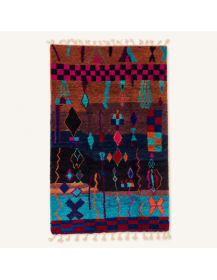 Tapis Beni Ouarain artisanal marocain en laine brun aubergine et multicolore à motifs géométriques