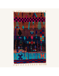Tapis Beni Ouarain artisanal marocain en laine brun aubergine et multicolore à motifs géométriques