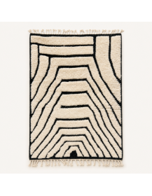 Tapis Beni Ouarain artisanal marocain en laine ivoire crème et noir, motif géométrique central