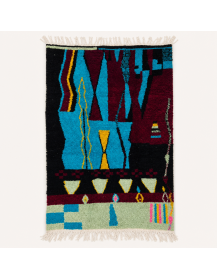 Tapis Beni Ouarain artisanal marocain en laine anthracite et multicolore